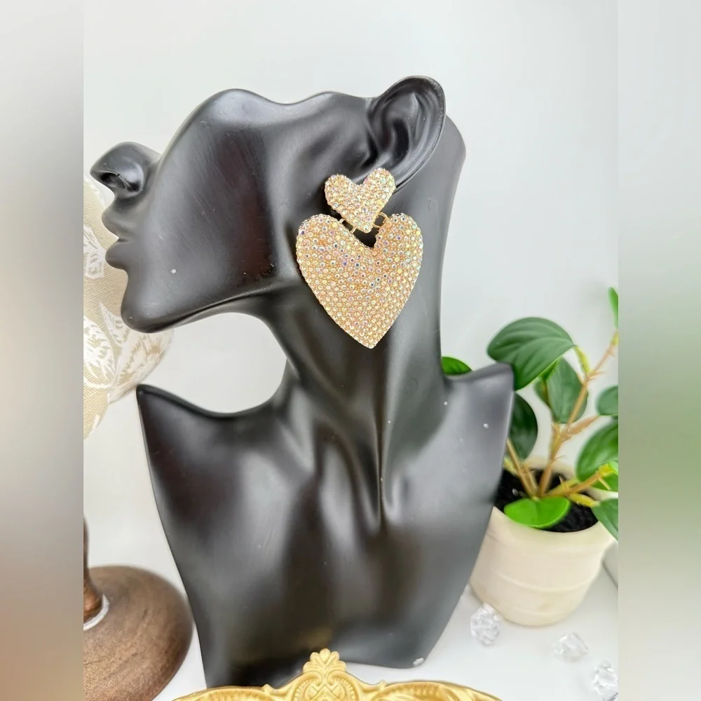 Statement Heart Earrings | Gold-Tone Rhinestone Drop Dangles